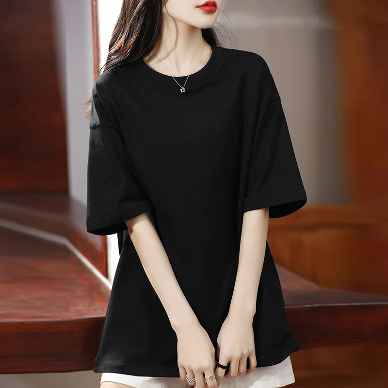 纯棉线短袖T恤衫女圆领套头休闲落肩t恤衫宽松半袖上衣夏2025新款