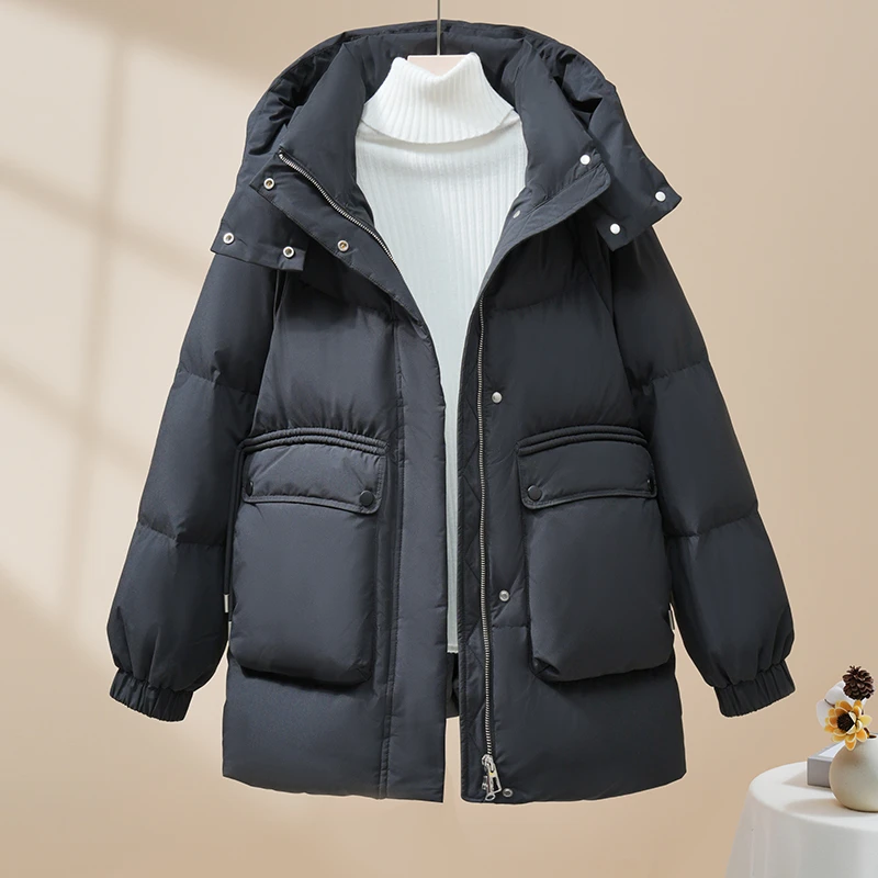 2025冬季新款羽绒服加厚保暖外套中长款韩版果绿色羽绒服90绒连帽