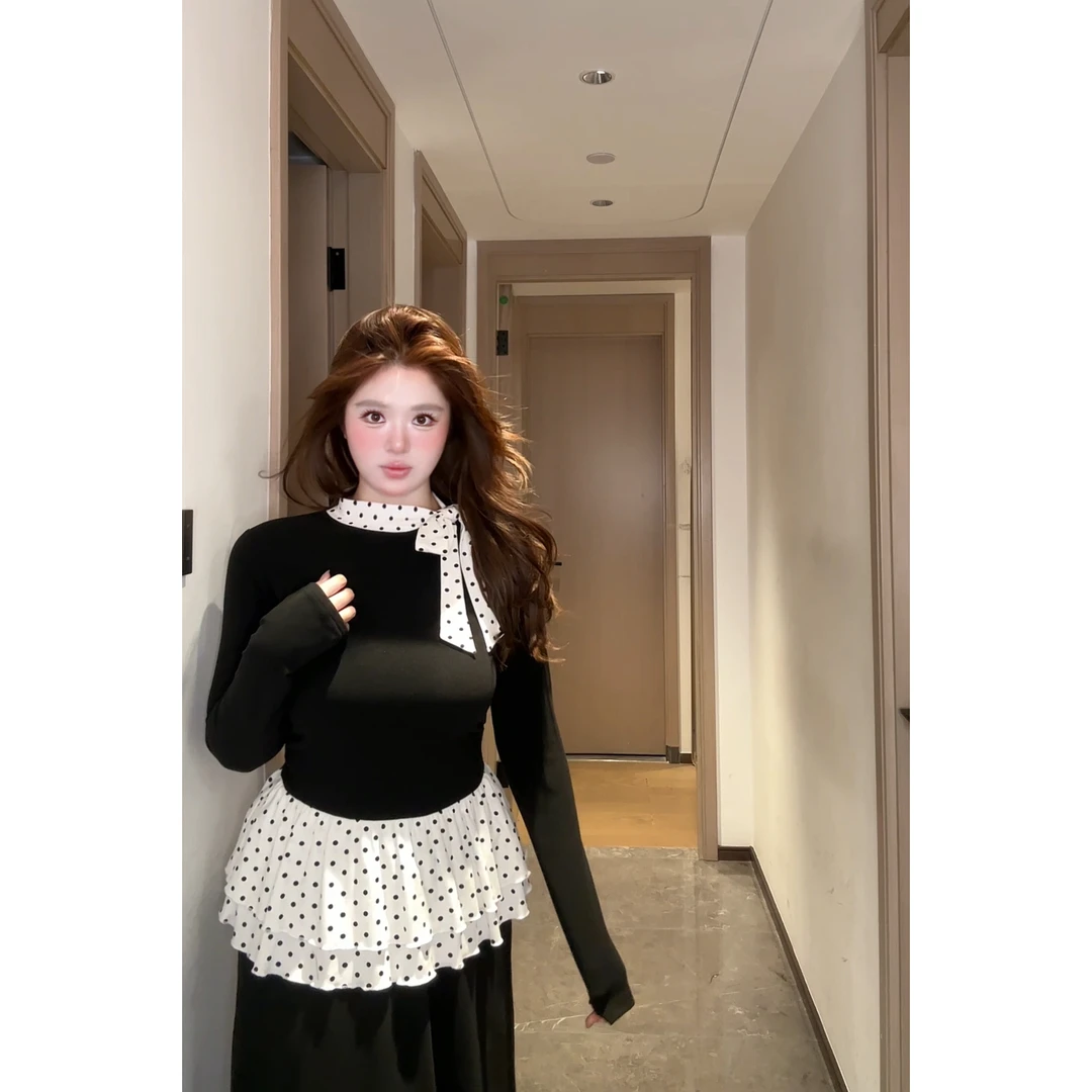 微胖mm拼接波点加绒德容打底衫假两件长袖T恤辣妹纯欲女秋冬新款