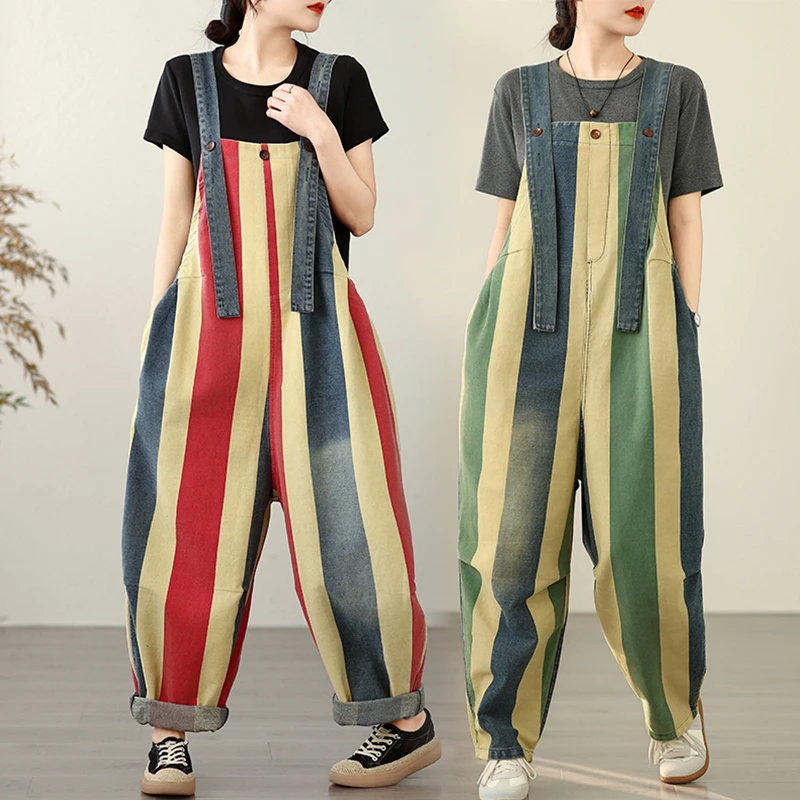 高腰水洗休闲背带裤夏季女牛仔裤大码时尚拼接显瘦复古连体宽松