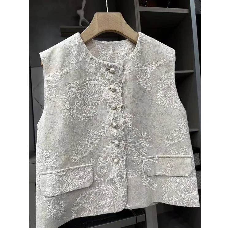 2025春季新款时尚圆领百搭珍珠扣亚麻钩花无袖马甲背心女