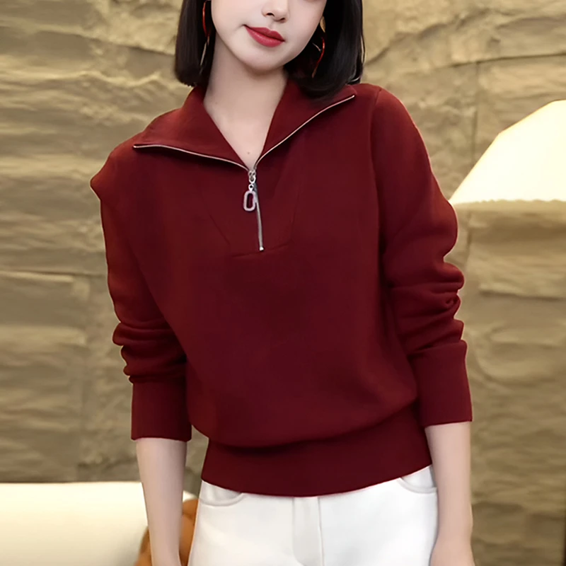 纯色半拉链针织衫毛衣女2024年秋冬新款简约时尚气质拉链针织上衣