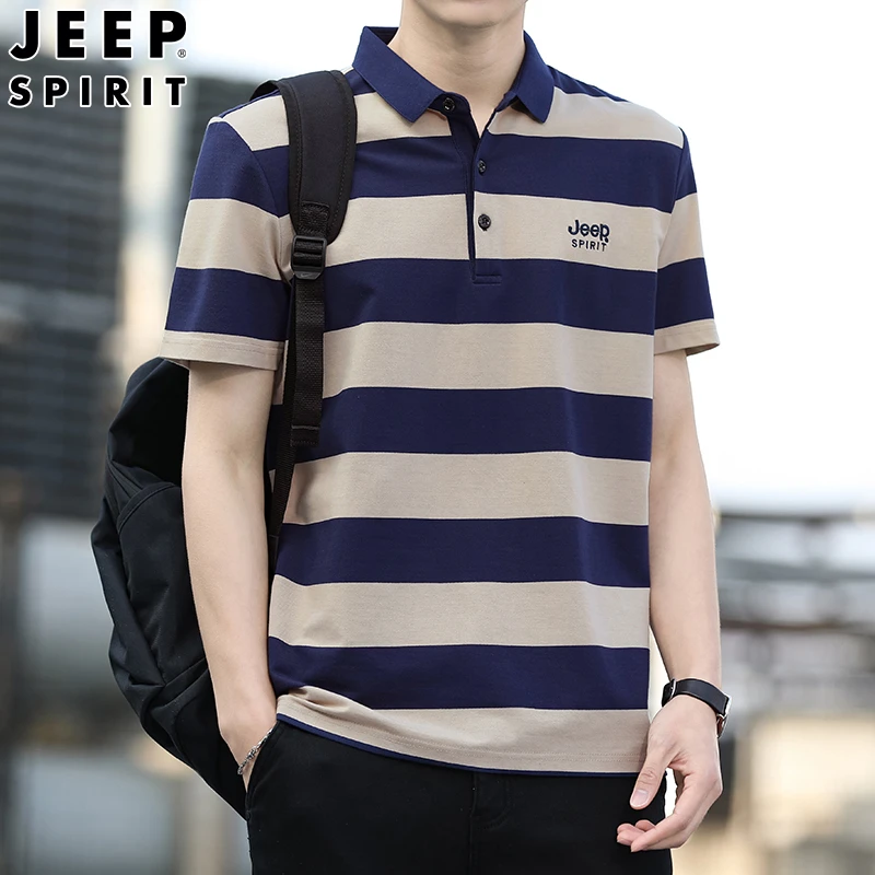 吉普JEEP短袖条纹T恤男士刺绣翻领Polo衫夏季新款商务休闲宽松短T