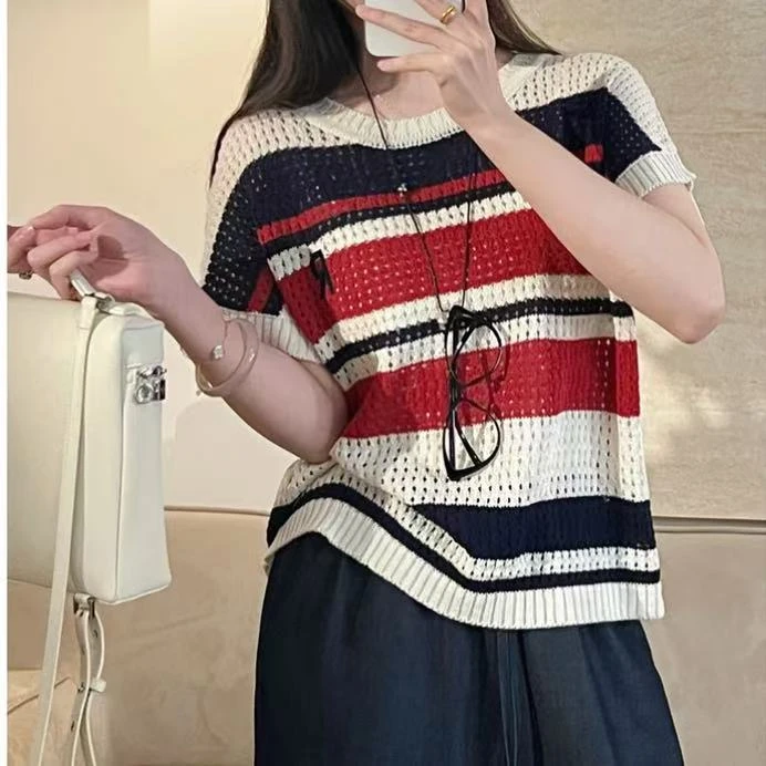 镂空撞色针织衫2025新款春夏时尚设计感气质薄款拼色显瘦罩衫上衣