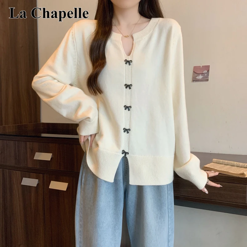 拉夏贝尔V领蝴蝶结针织衫女秋冬打底衫气质慵懒毛衣宽松显瘦上衣