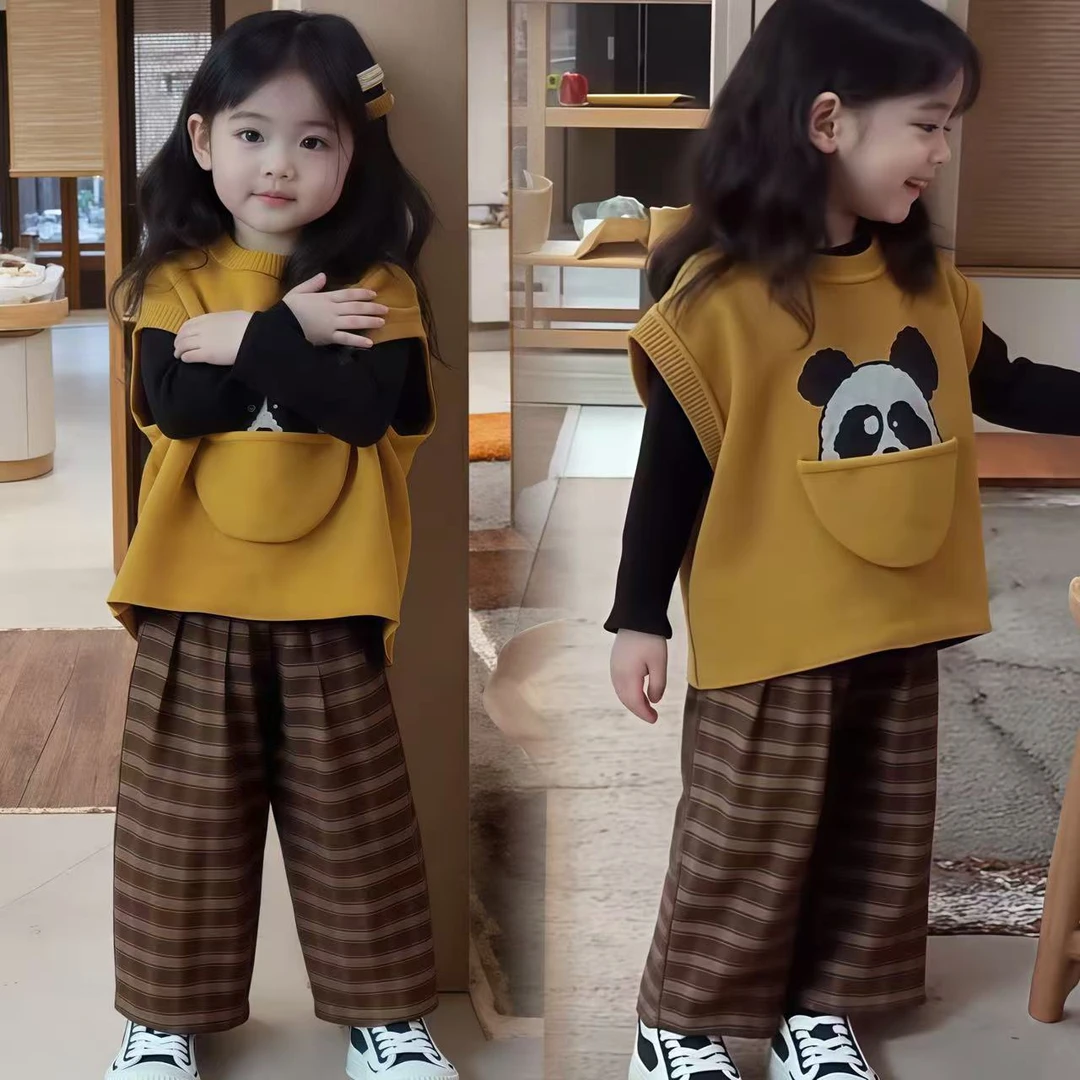 女童秋款套装2025新款洋气时髦休闲儿童秋装卡通针织马甲三件套
