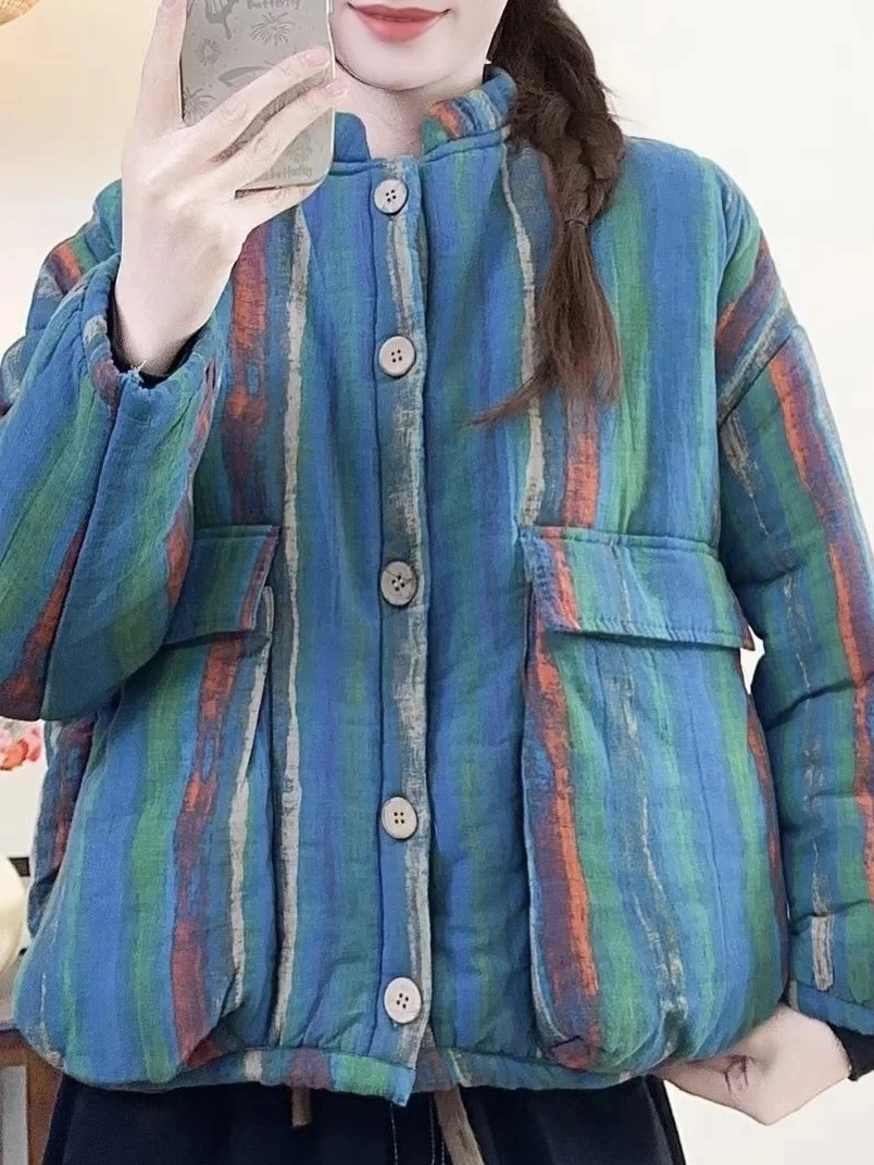 民族风复古棉袄新款彩虹印花上衣文艺减龄女装短款外套休闲时尚