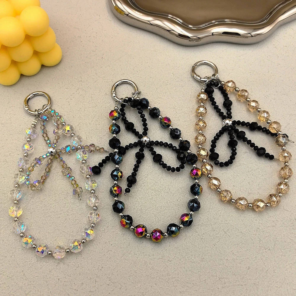 水晶手机链串珠 创意diy甜酷蝴蝶结手机挂绳女高端钥匙链挂饰配件