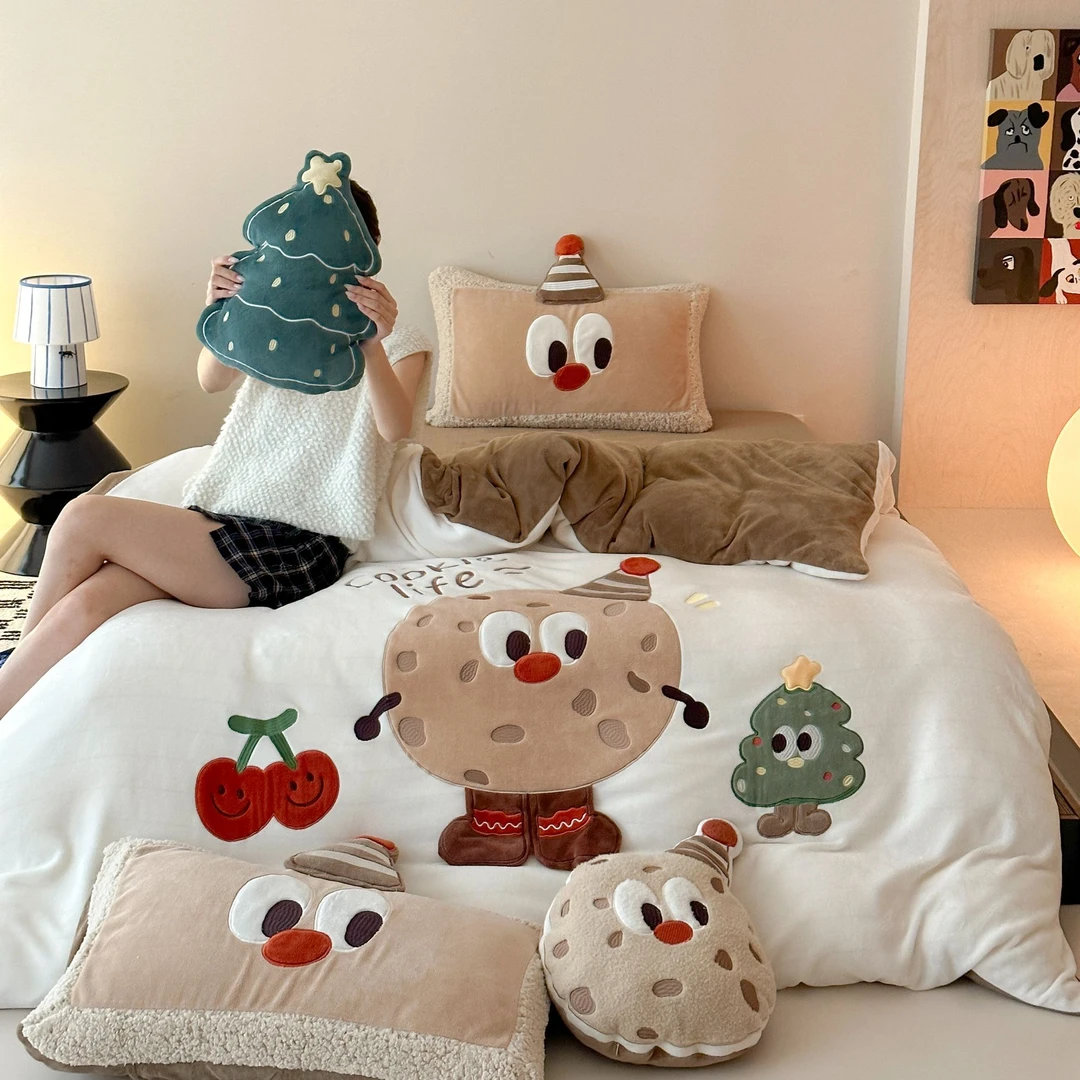 雯妈-秋冬必备！【曲奇】洋气！定织牛奶绒羊羔绒立体工艺宽边四件套