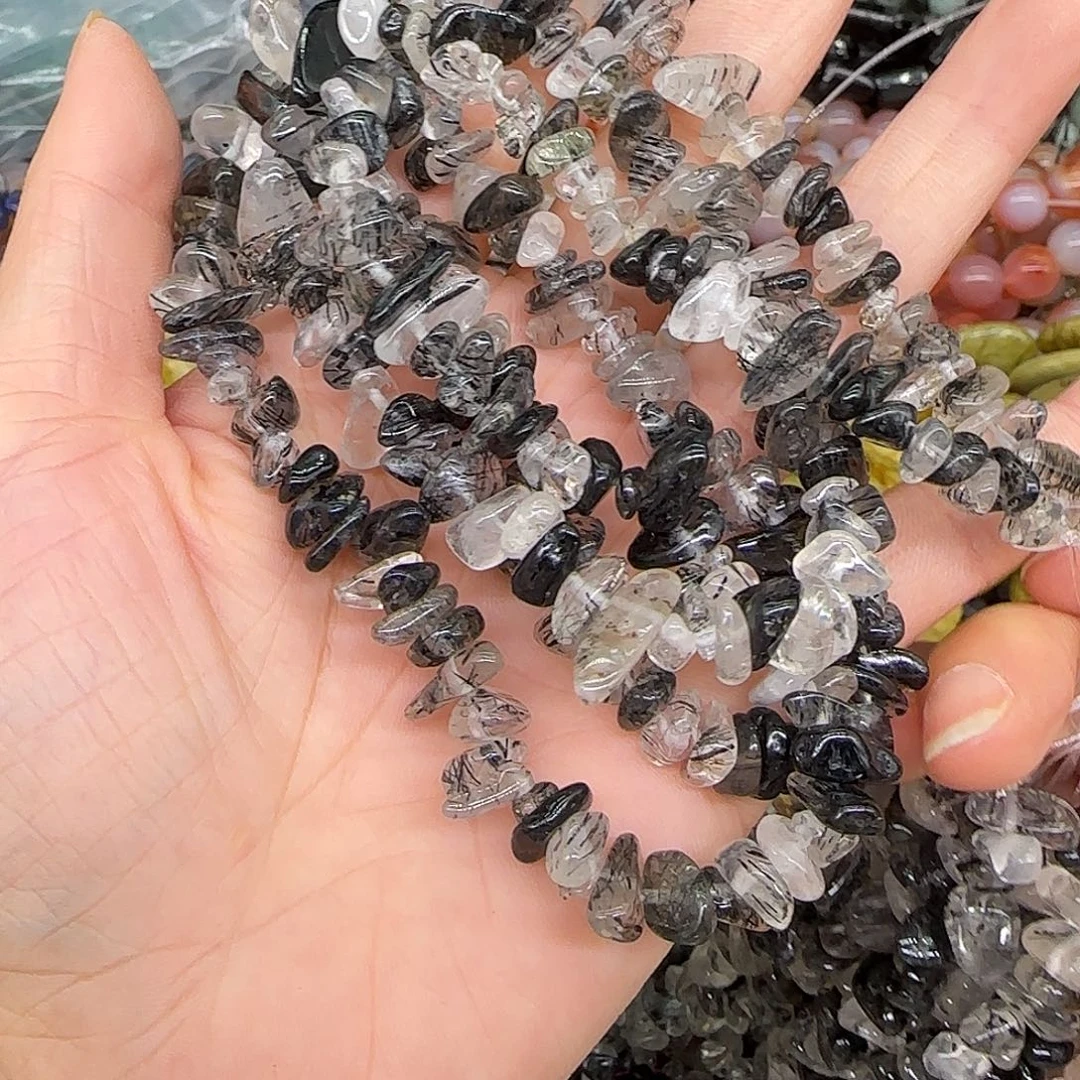 玛瑙/玉髓合金珠宝半成品黑发晶8-10mm随形加长一条