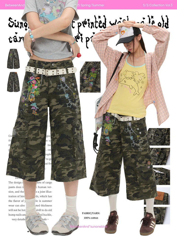 夏季新款美式复古印花大口袋涂鸦链条七分迷彩女裤
