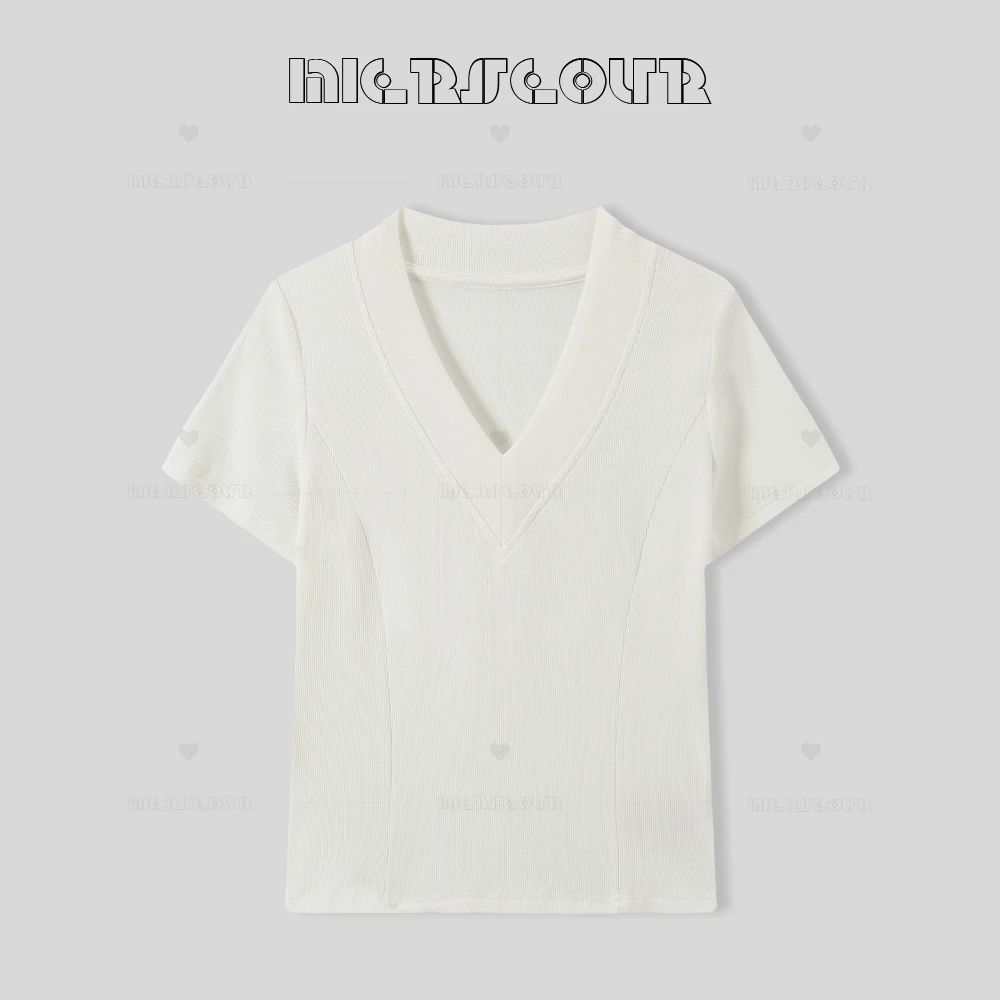 【一寸肌肤】简约修身V领T恤短袖1588