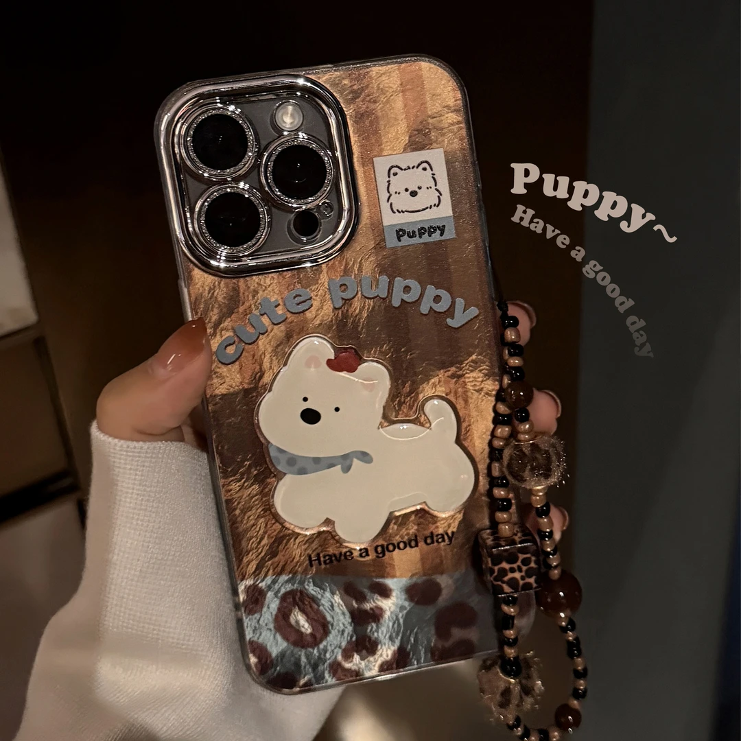 适用iphone16手机壳17promax拼接西高地13豹纹挂绳14复古闪粉