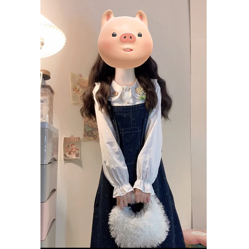 大码胖mm设计感牛仔背带裙衬衣女秋季连衣裙遮肚显瘦裙子套装女