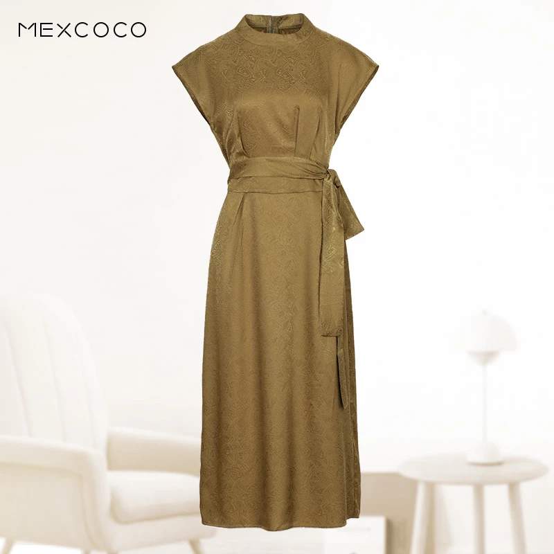 MEXCOCO/兰瑟儿夏新款复古绿色缎面提花系带收腰连衣裙105XL2935