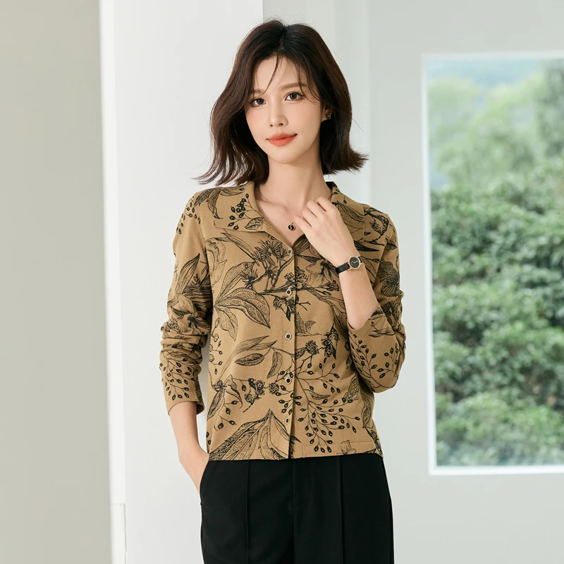 风笛2025春季新款女士衬衣水墨画印花洋气复古上衣新款长袖衬衫