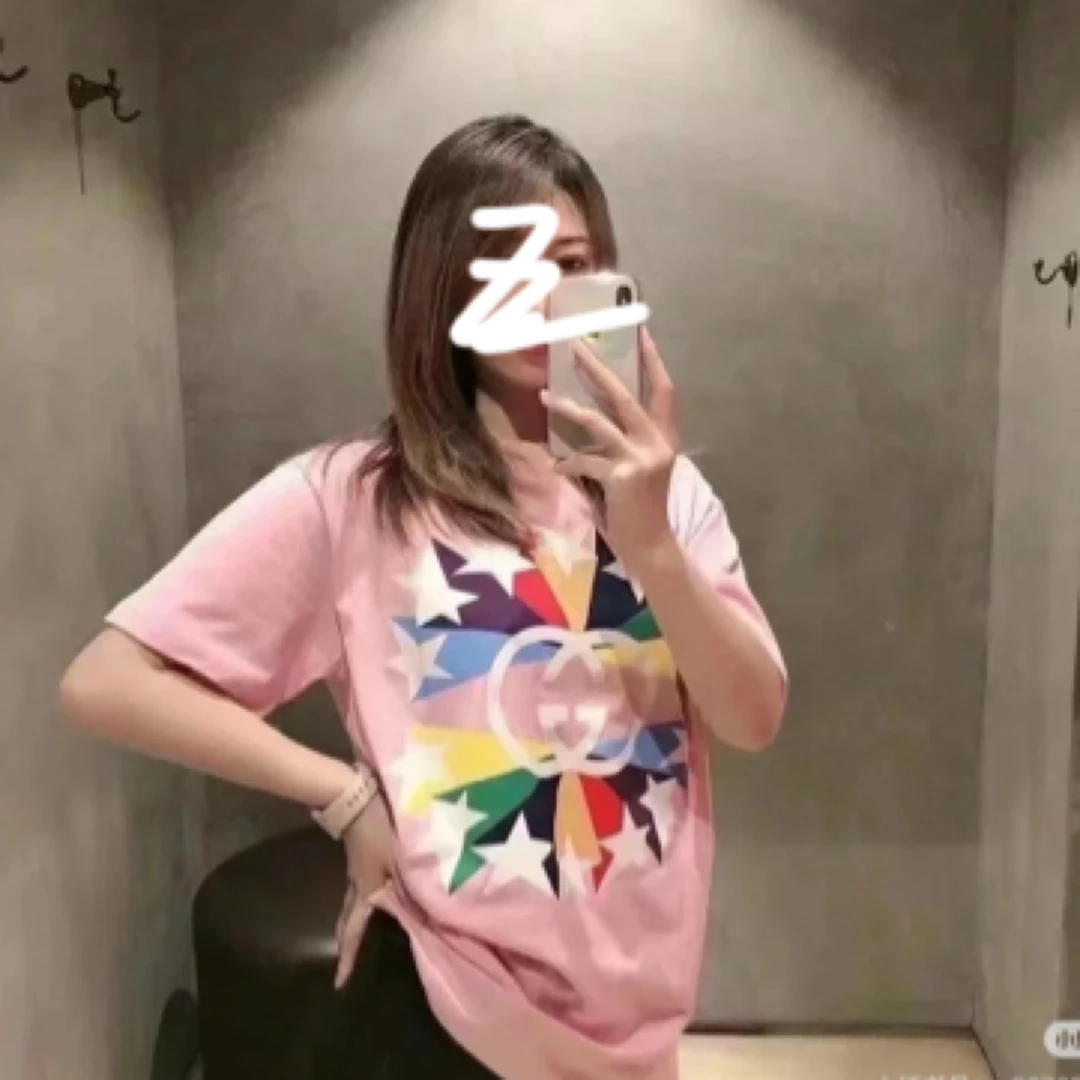 99新 GUCCI/古驰  000899 图案印花圆领直筒棉质短袖T恤粉色XS码