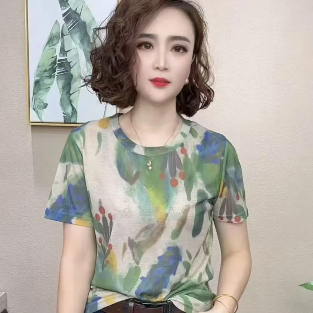 欧洲站新款复古印花短袖T恤女修身洋气半袖小衫别致上衣拼色体恤