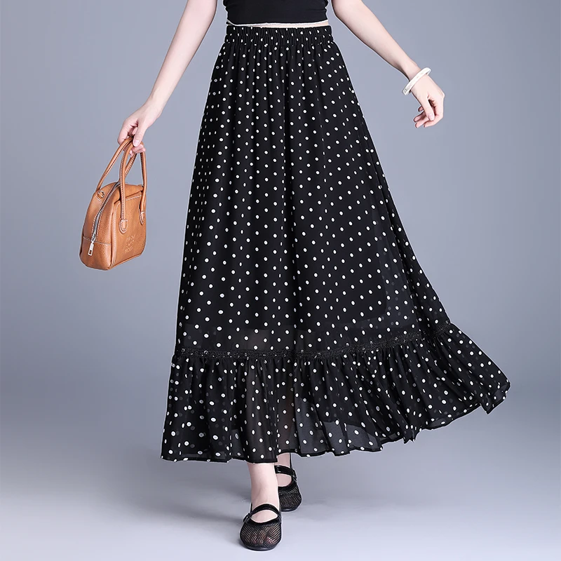 印花雪纺半身裙碎花薄款夏季长裙拼接中长款大摆裙5BA字裙8510