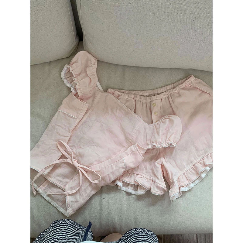 韩版芭蕾风短袖睡衣女夏季新款绑带气质短裤套装舒适家居服可外穿