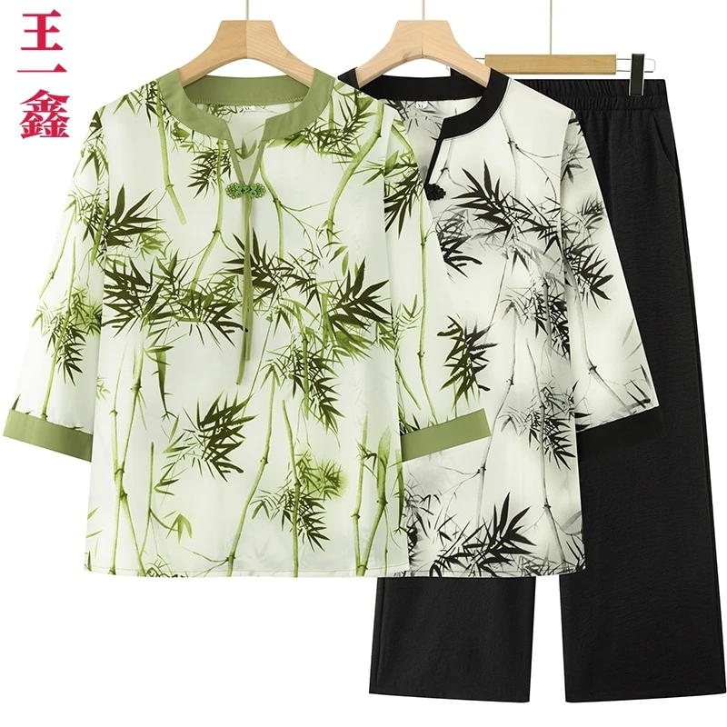 妈妈夏装宽松雪纺衫新中式洋气七分袖T桖+裤套装中老年女两件套装