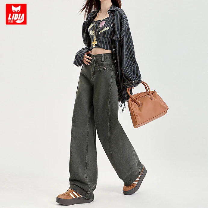 美式复古军绿色拼接工装牛仔裤女爆款夏季潮酷宽松弯刀阔腿裤子