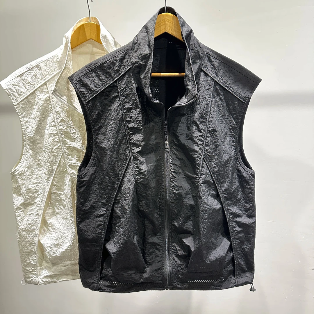 户外时尚镂空拼接翻领马甲外套潮INS男士夏季休闲宽松无袖上衣服