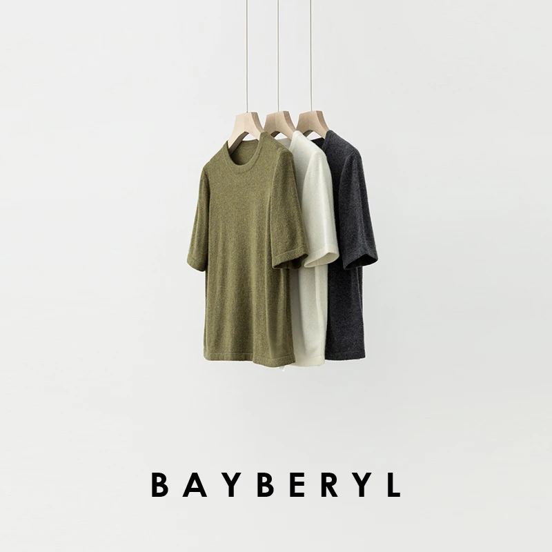 BAYBERYL老贝泥炭藓*灰绿短袖羊绒百搭早秋针织衫ZZS5G2603-10/10