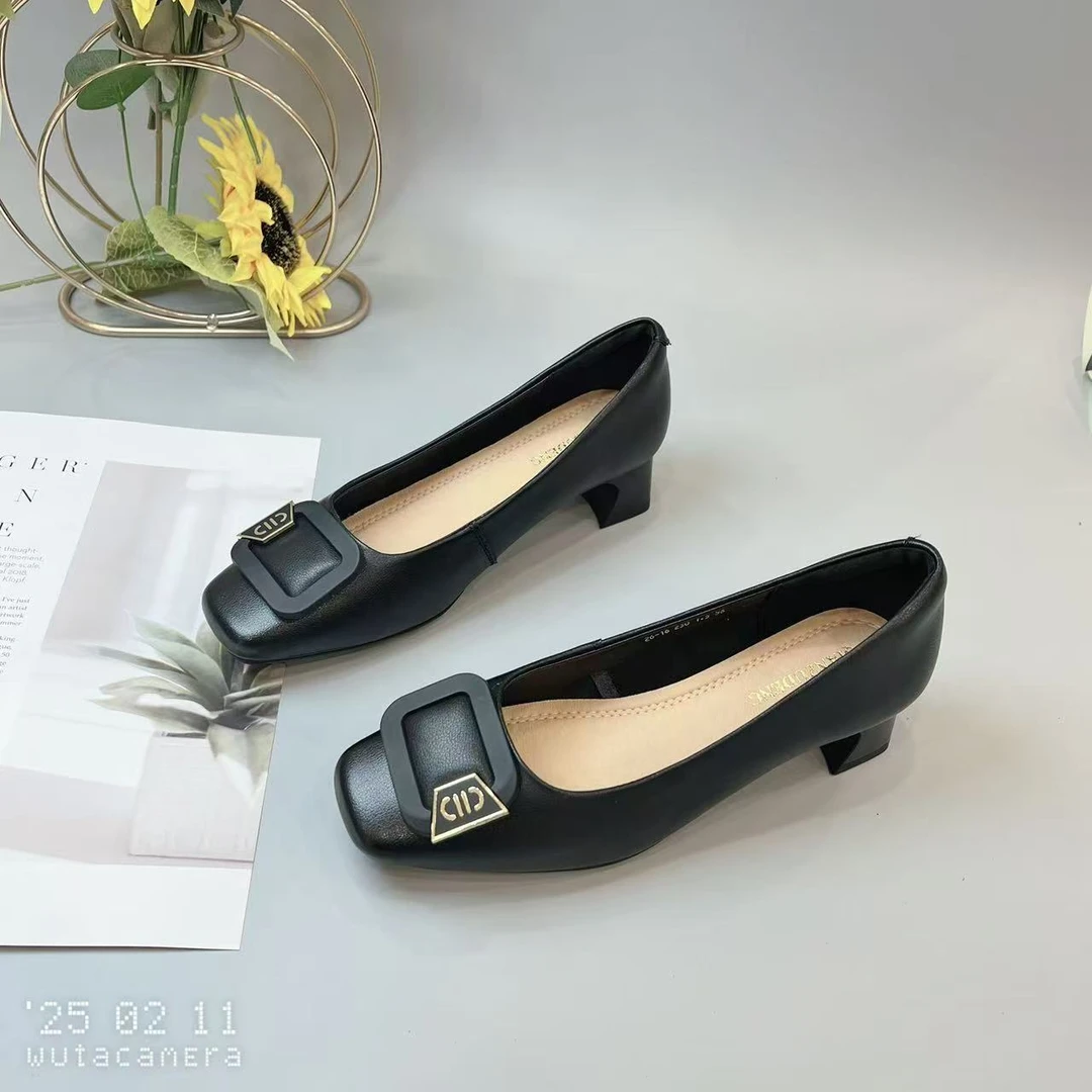 22-16 新款法式浅口高跟鞋女粗跟方头百搭单鞋