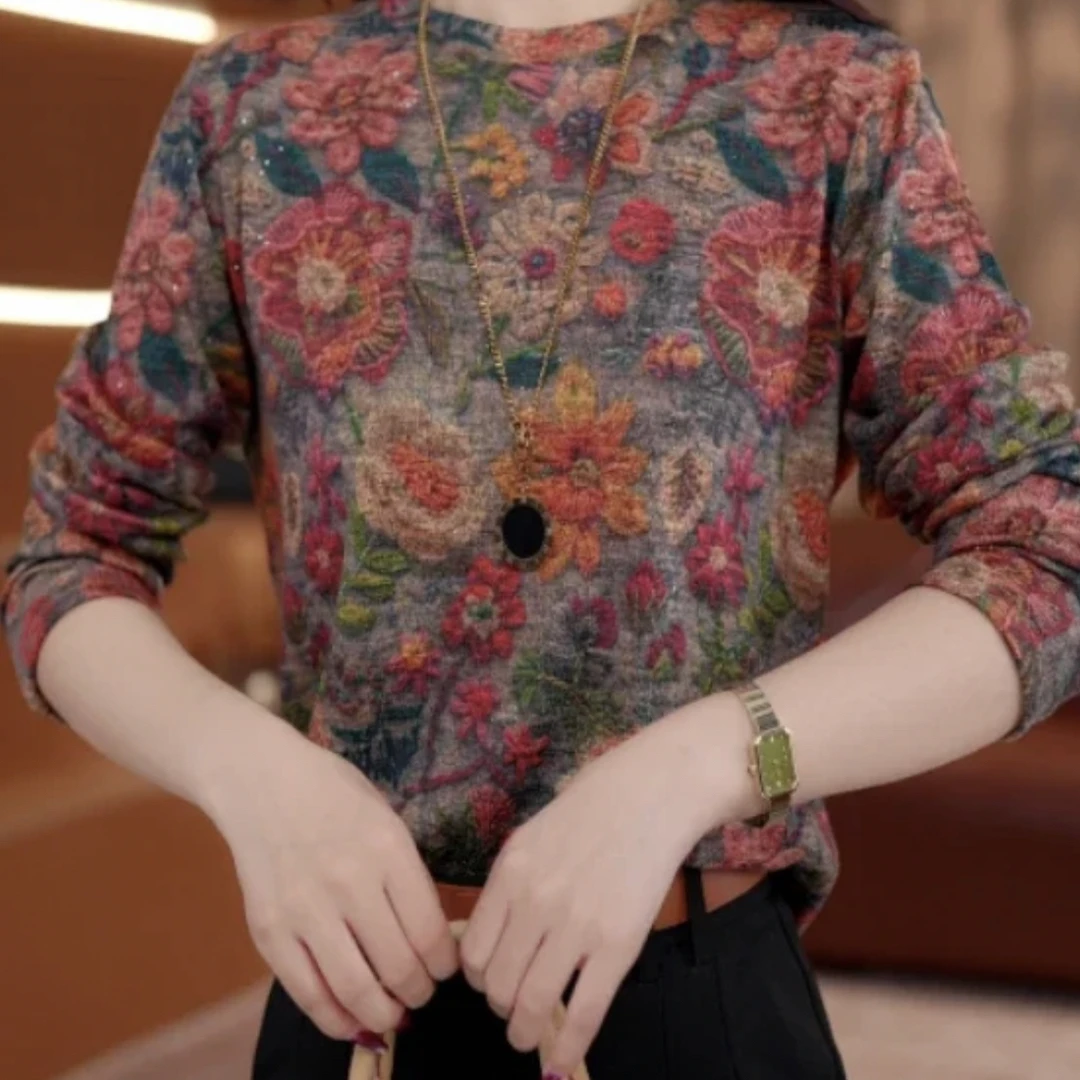 花开富贵 秋冬洋气时尚百搭气质显瘦宽松減龄长袖打底衫上衣2217