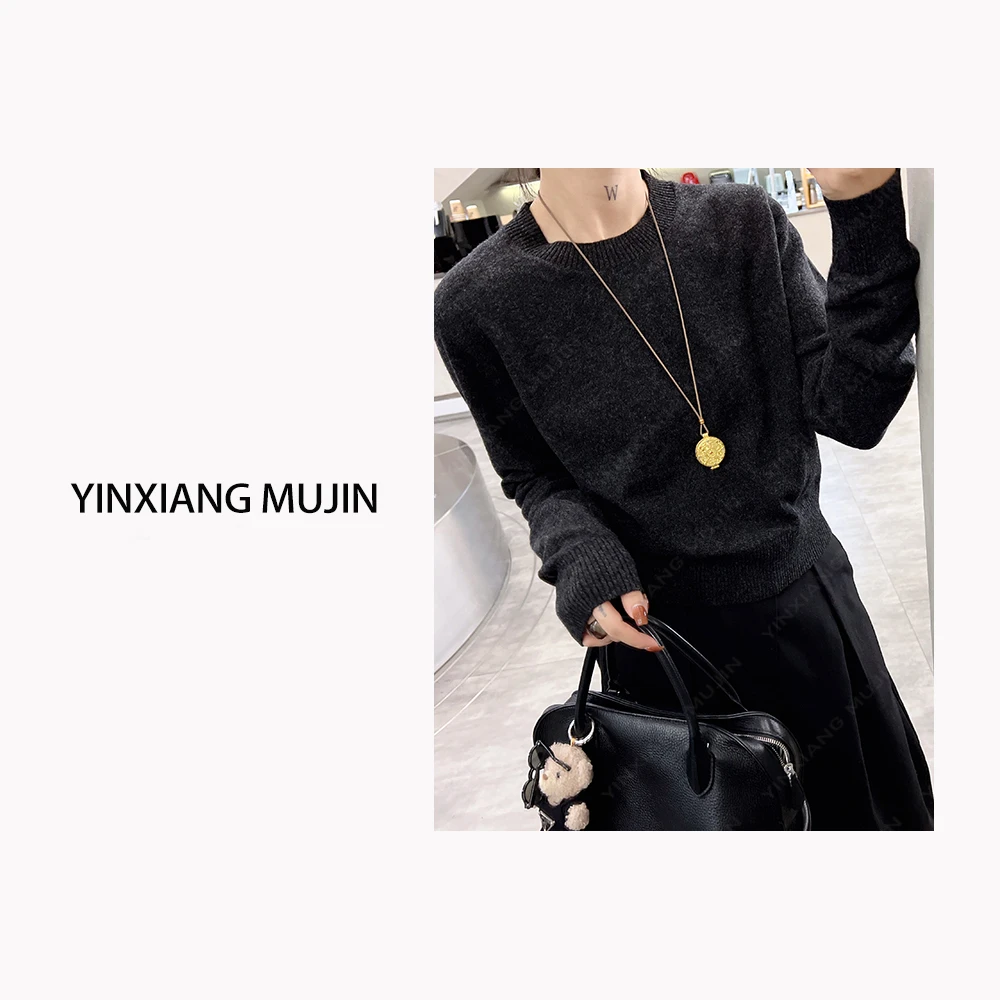 【YINXIANG MUJIN】极简毛衣 秋冬新品圆领百搭长袖羊毛衫女士短款