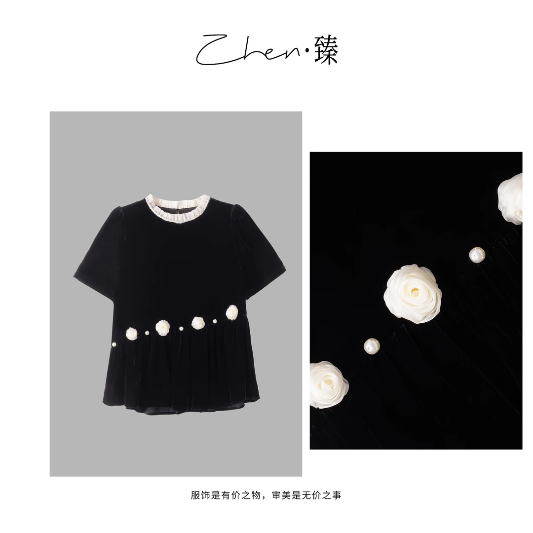 ZHEN.臻 法式优雅立领褶皱修腰钉珠玫瑰花真丝丝绒短袖SY8205Z