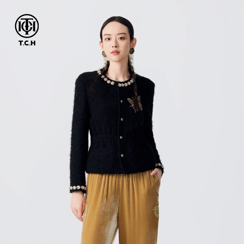 TCH重工手缝钻小香风蝴蝶休闲百搭轻奢短款羊毛外套女T72C276159