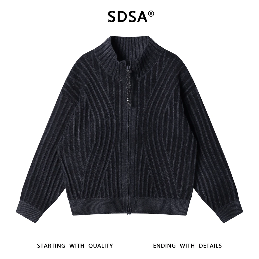 SDSA男士秋冬新款痞帅男装极简风竖纹拉链立领毛衣休闲开衫针织衫