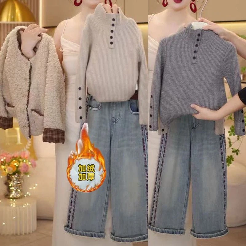 女童毛毛外套毛衣加绒牛仔裤三件套秋冬2025小香风棉服针织打底衫