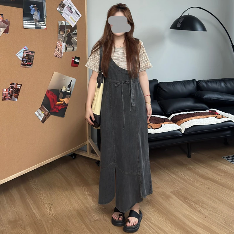 大码女装2025年夏新款胖mm高级感气质时尚显瘦拼接假两件连衣裙