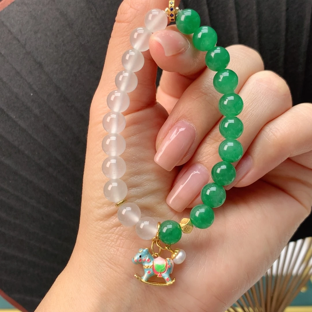 石英质玉（非洲翠）银S925镀金镶嵌冰飘花精品手串