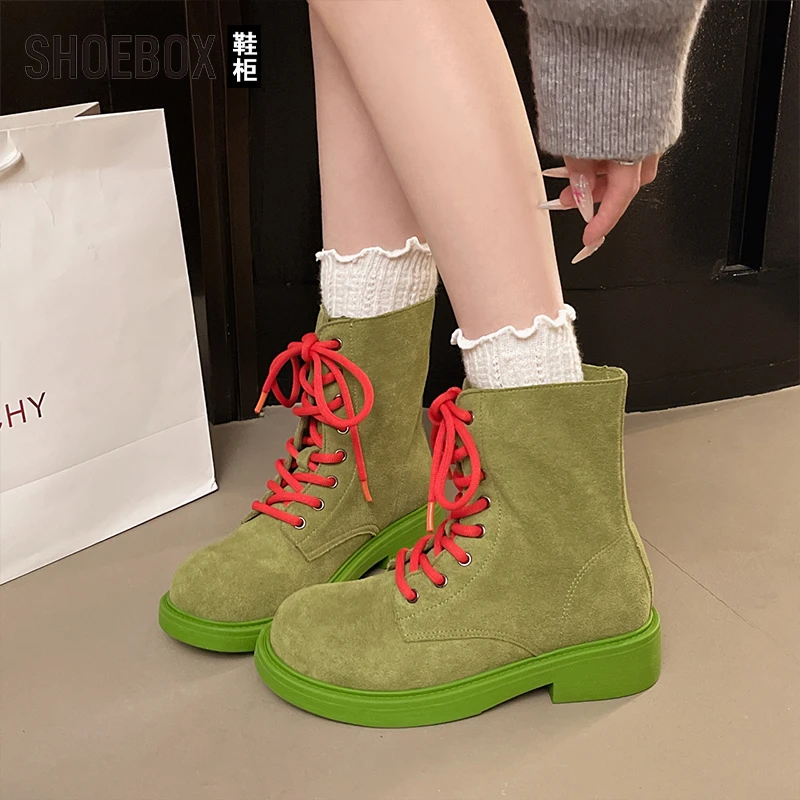 SHOEBOX鞋柜马丁靴女款2025秋季新款绿色机车靴英伦风工装靴子
