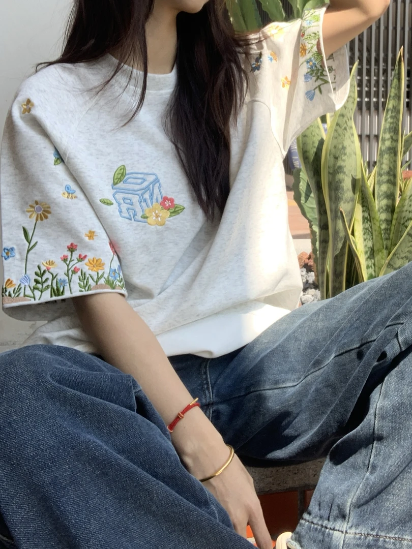 美式高级感刺绣植物花卉字母短袖t恤女夏季纯棉重磅情侣插肩上衣