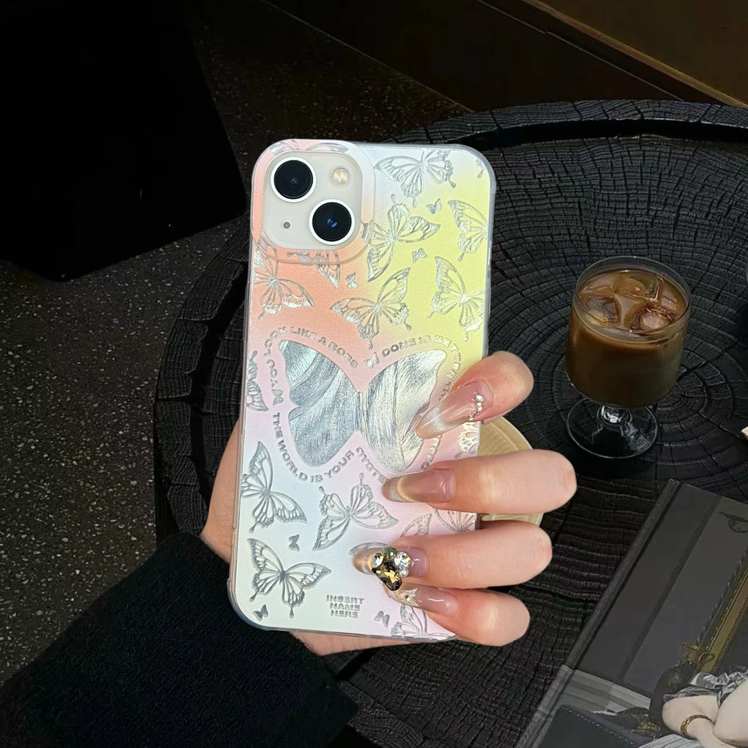 适用苹果华为一加iQ小米彩晕染蝴蝶IMD羽纱创意INS风防摔手机壳