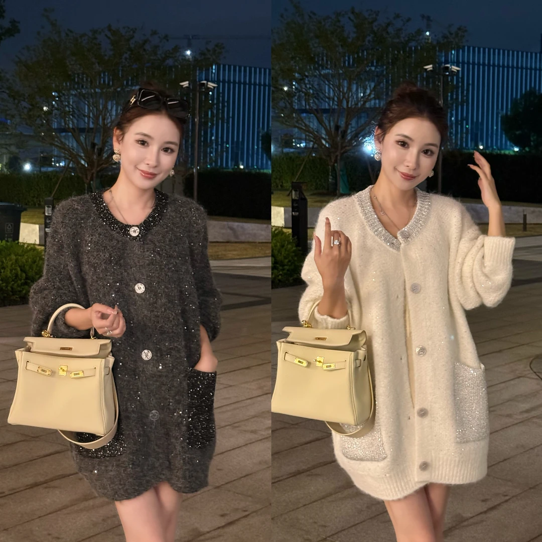 【戚风千层】慵懒风设计感亮片中长款秋冬毛衣