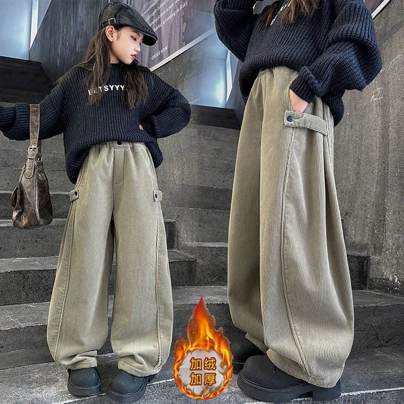 女童冬季加绒直筒裤2025新款洋气中大童宽松加厚一体绒休闲阔腿裤