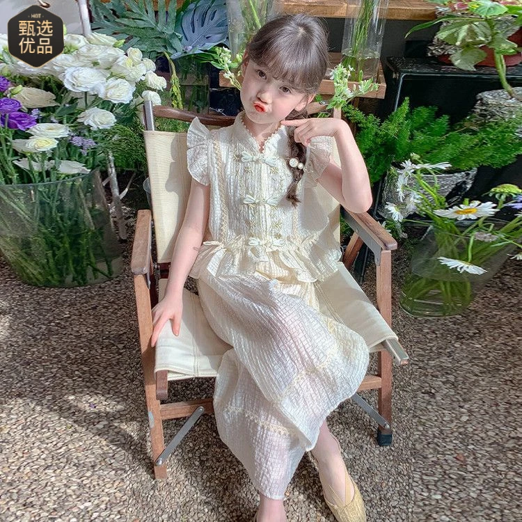 复古显瘦气质女童夏装套装阔腿裤新款可爱洋气国风中式两件套