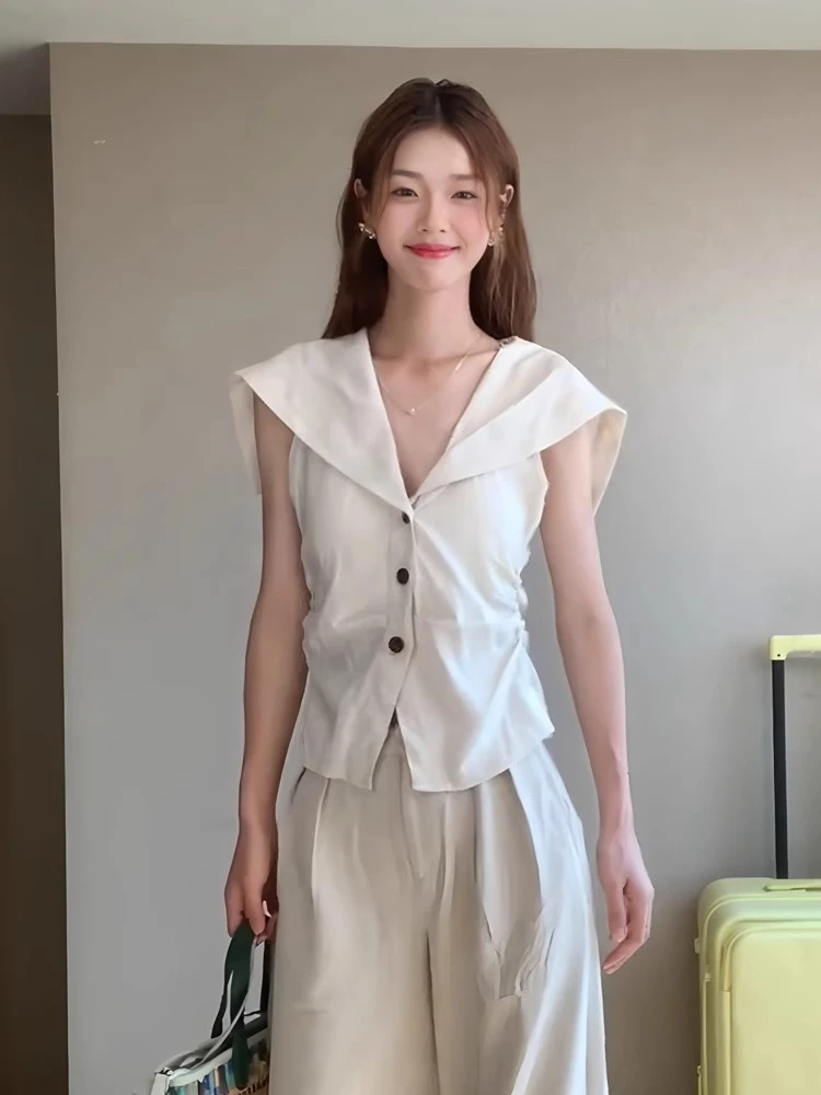 高智感海军领马甲收腰显瘦老钱风气质V领无袖上衣简约裤子套装