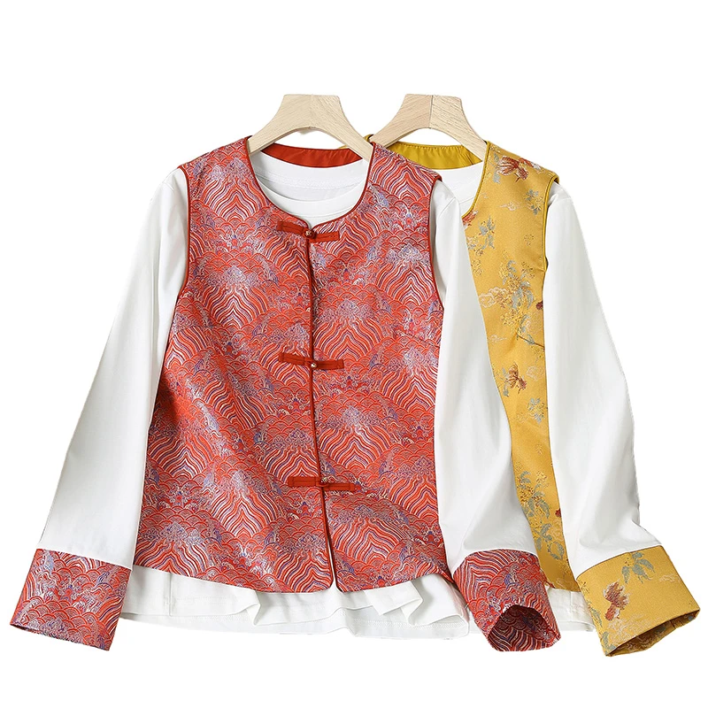 中国风春季大码女装新中式提花复古马甲民族风文艺网红宽松ins