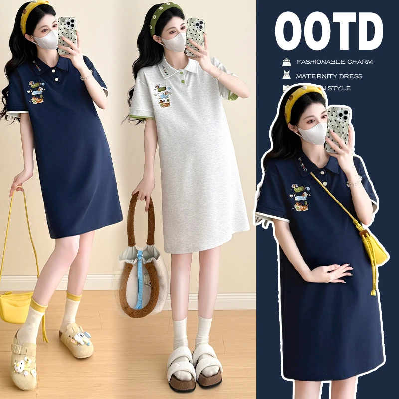 Demi 孕妇装夏装新品显瘦重工刺绣包扣中长款孕妇时尚翻领连衣裙