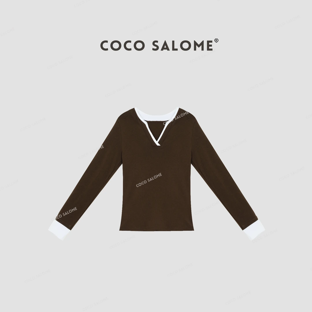 COCO SALOME⑥【劳夫V领】冬季磨毛刺绣V领撞色休闲打底长袖250Y