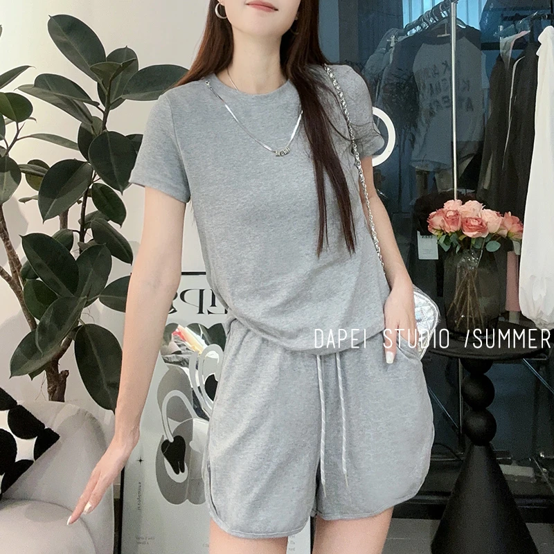 夏季韩版短裤纯色宽松抽绳休闲风时尚套装女装时尚显瘦洋气