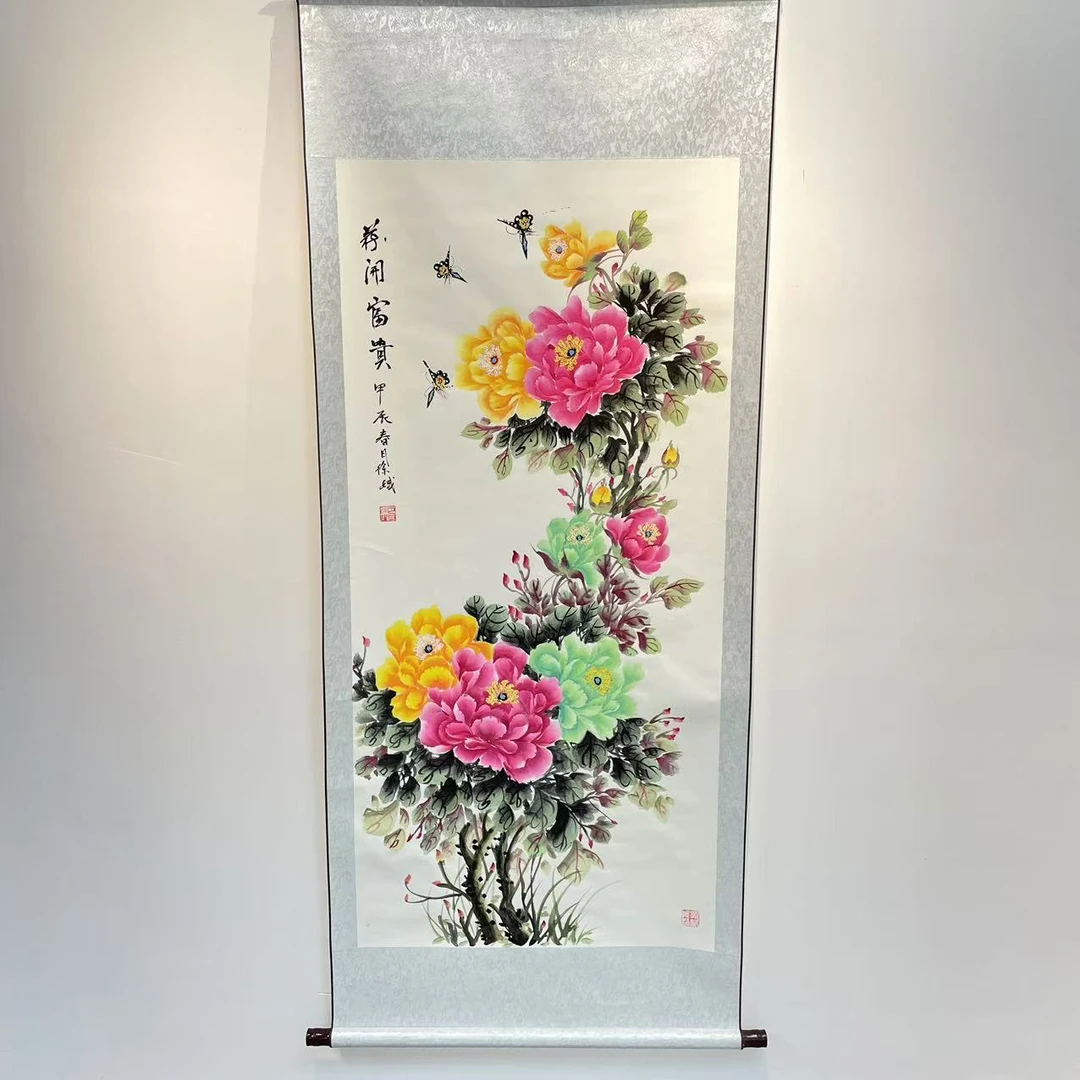 手绘《 花开富贵》纯手工装裱高170cm宽70cm