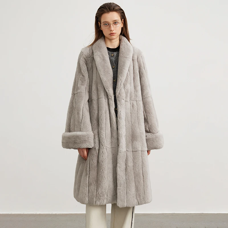 北麋整皮獭兔毛分段工艺香蕉领大挽袖皮草外套女长款2025新款冬